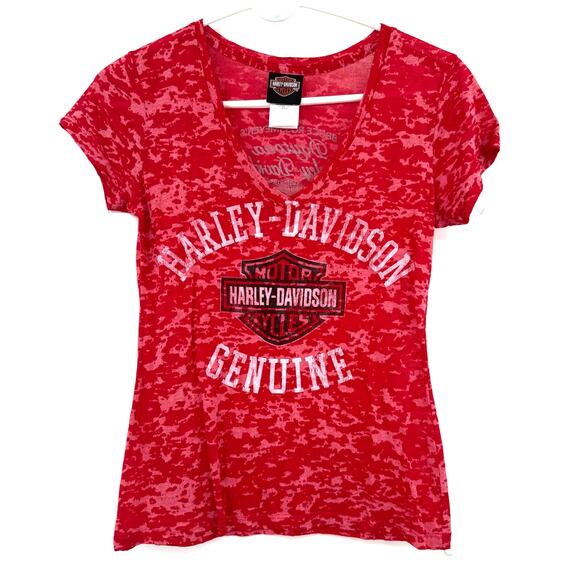 Harley Davidson Size Medium Short Sleeve V Neck Red Burnout T-Shirt Tee Graphic - Picture 1 of 4